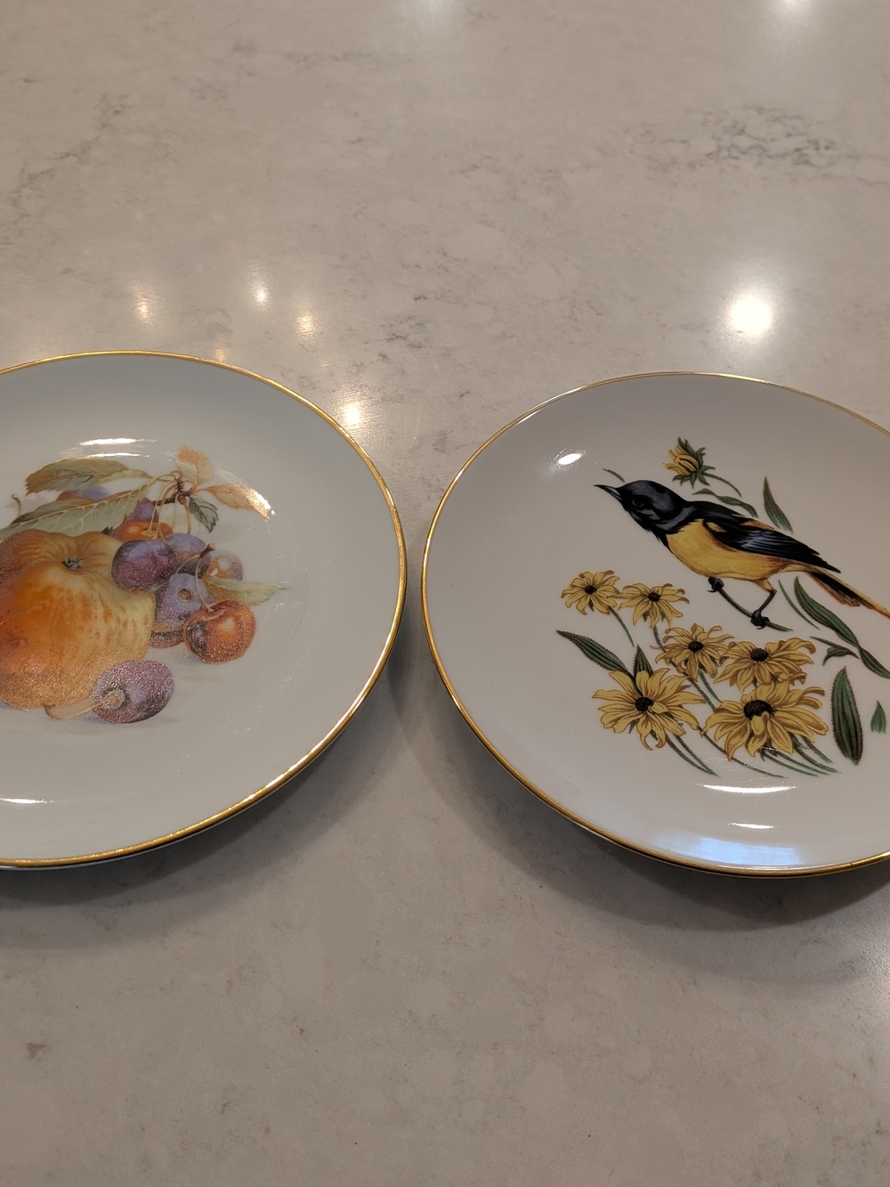 Gold-Rimmed Decorative Bird & Fruit Porcelain Plates - Set of 2. 7.5".x 7.5"